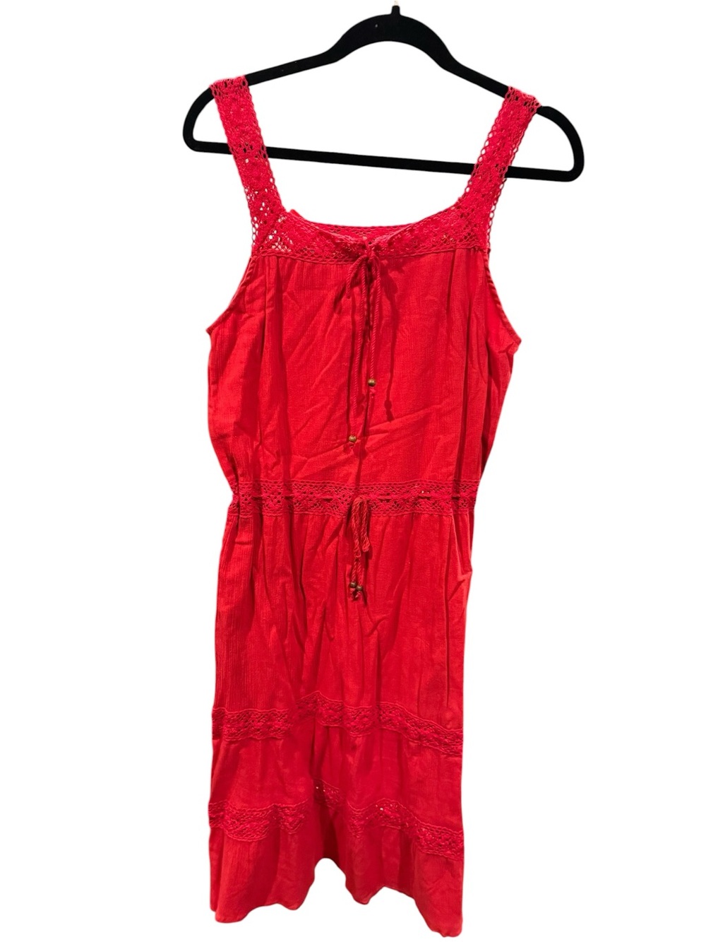 Chaudry KC Red Crochet-Trim Sleeveless Chemise with Adjustable Waist Tie